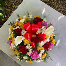 Yellow and white Daisies, Calla Lilies, Red Or Pink Roses Greenery