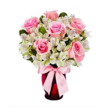 Pink Roses And White Alstroemeria