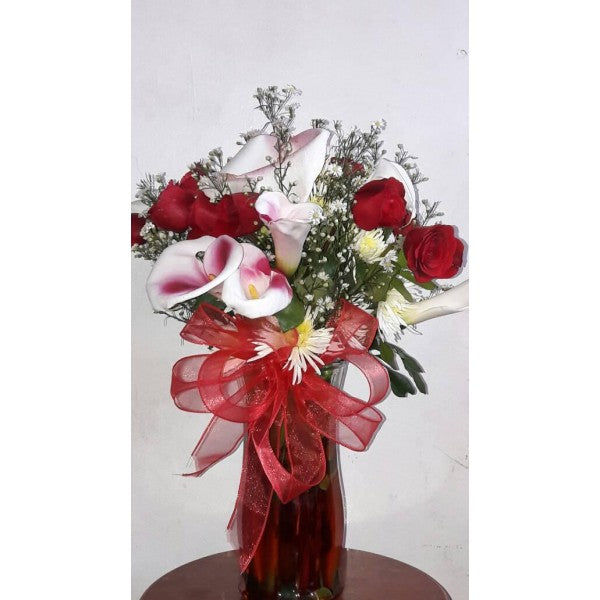Red Roses, Calla LIlies, Pompons and Daisies