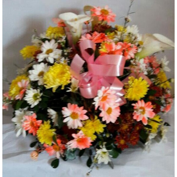 Yellow and white Daisies, Calla Lilies, Red Or Pink Roses Greenery