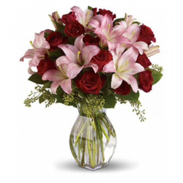 Light Pink Lilies, Red Roses, Greenery