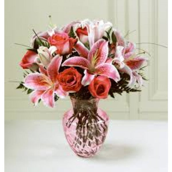 Pink Lilies, Red Roses, Greenery