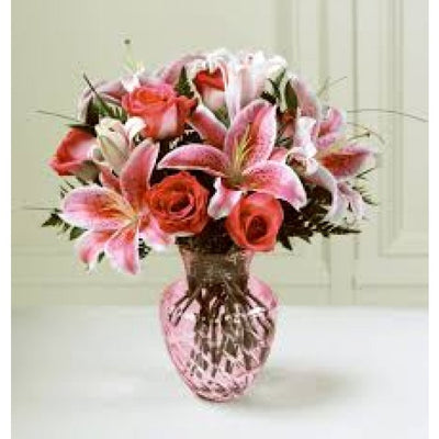 Pink Lilies, Red Roses, Greenery