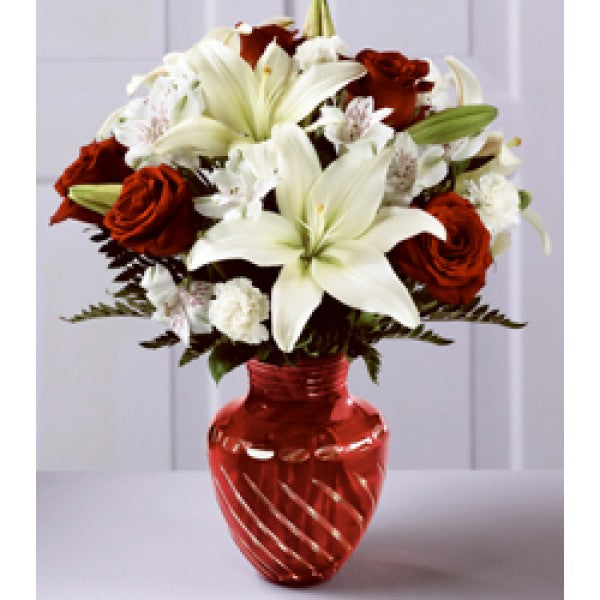 White Lilies, Red Roses, Greenery, White Daisies