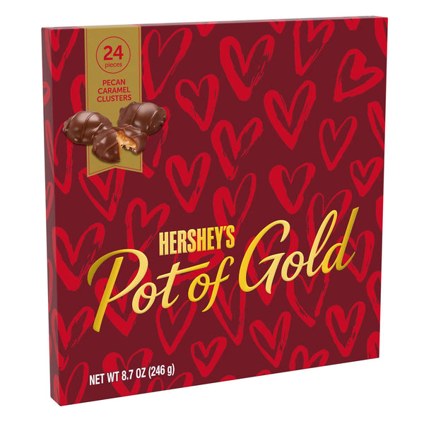 HERSHEY'S, POT OF GOLD Pecan Caramel Clusters Candy, Valentine's Day, 8.7 oz, Gift Box (24 Pieces)