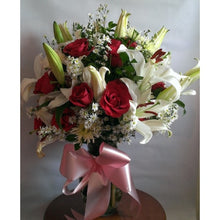 White Lily, Red Roses, Greenery