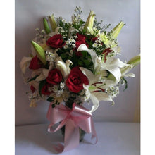 White Lily, Red Roses, Greenery