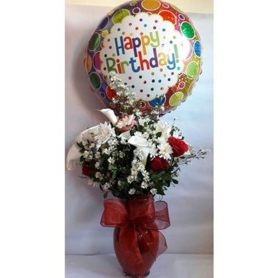Red Roses, Greenery, Daisies, Calla Lilies + HBD Balloon