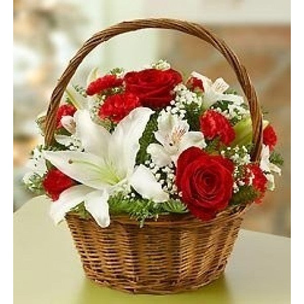 White Lily, Red Roses, Baby Breath, Greenery
