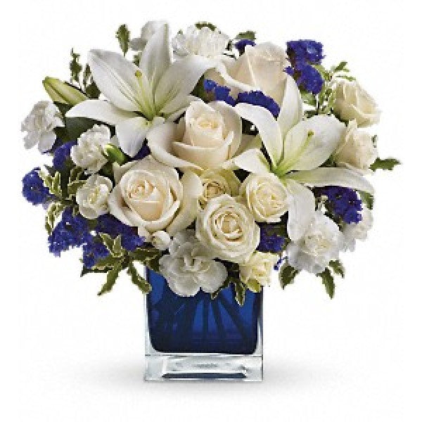 blue roses and white lilies White Lilies, Blue Roses, White Roses – Dine-Asty Fleurs