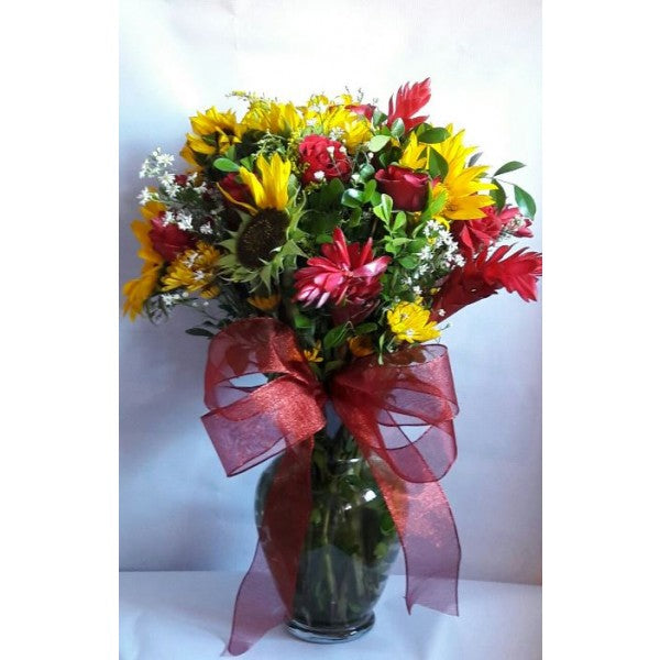 Red Roses, Ginger, Greenery, Sun Flower, Daisies